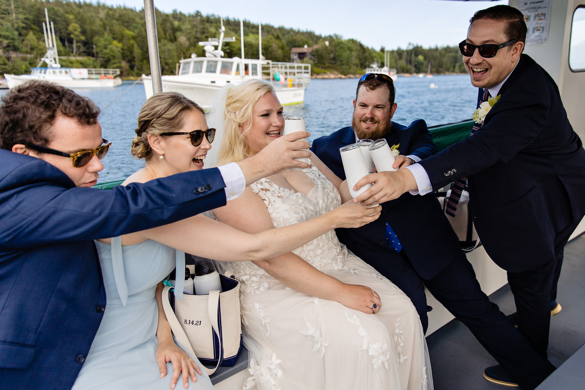 A wedding celebration on a boat after the wedding ceremony on MDI Maine