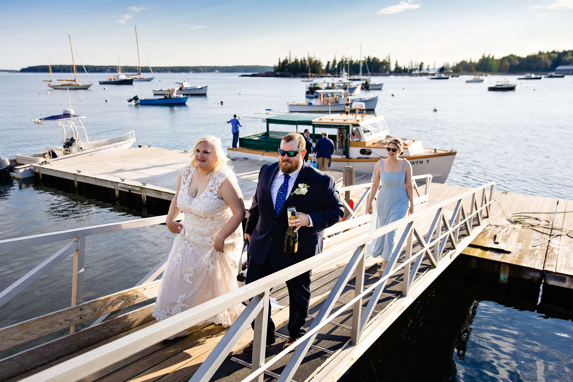 Martha and Wes leave the boat for their intimate wedding reception on Mount Desert Island