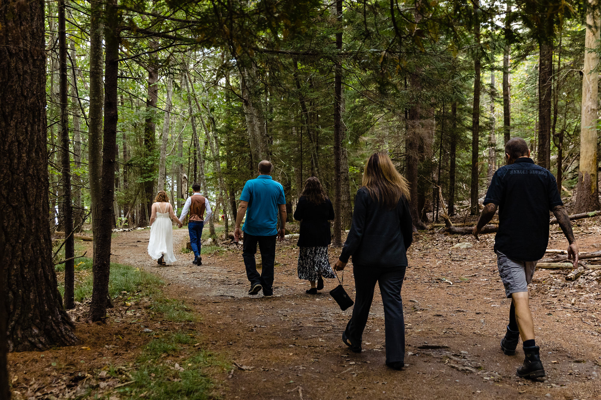 A couple with their friends and family walk to their elopement on Mount Desert Island