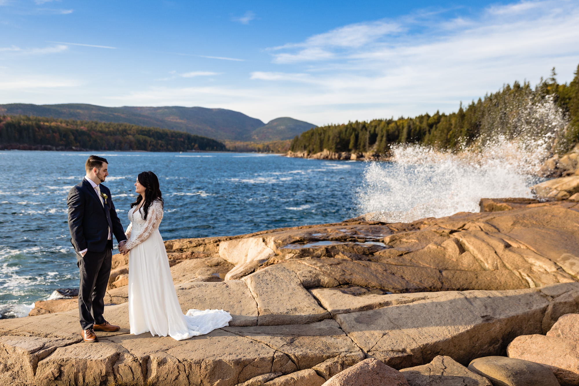 Wedding portraits on the cliffs at Acadia National Park
