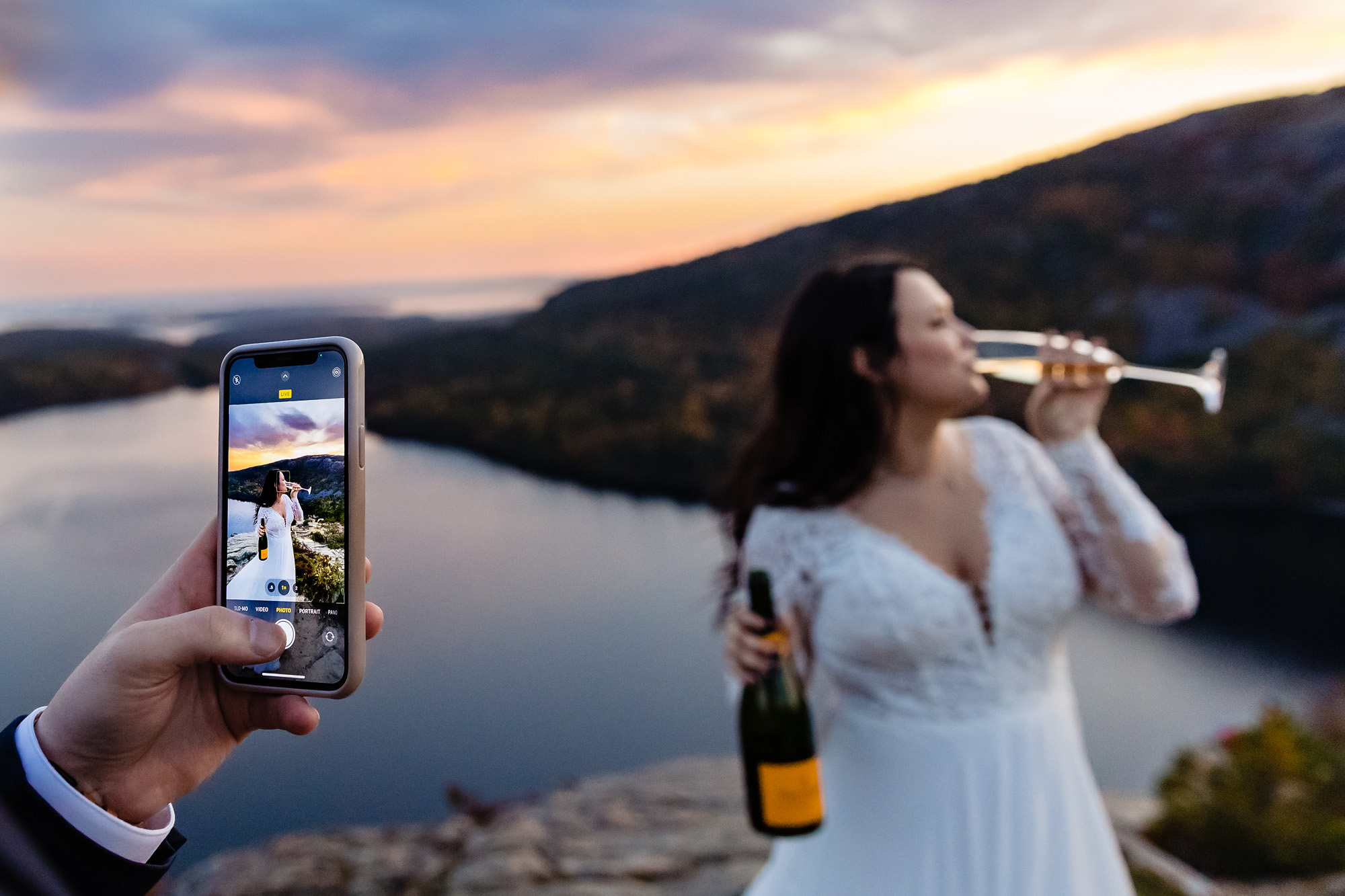 Mountaintop wedding portraits at sunset in Acadia National Park