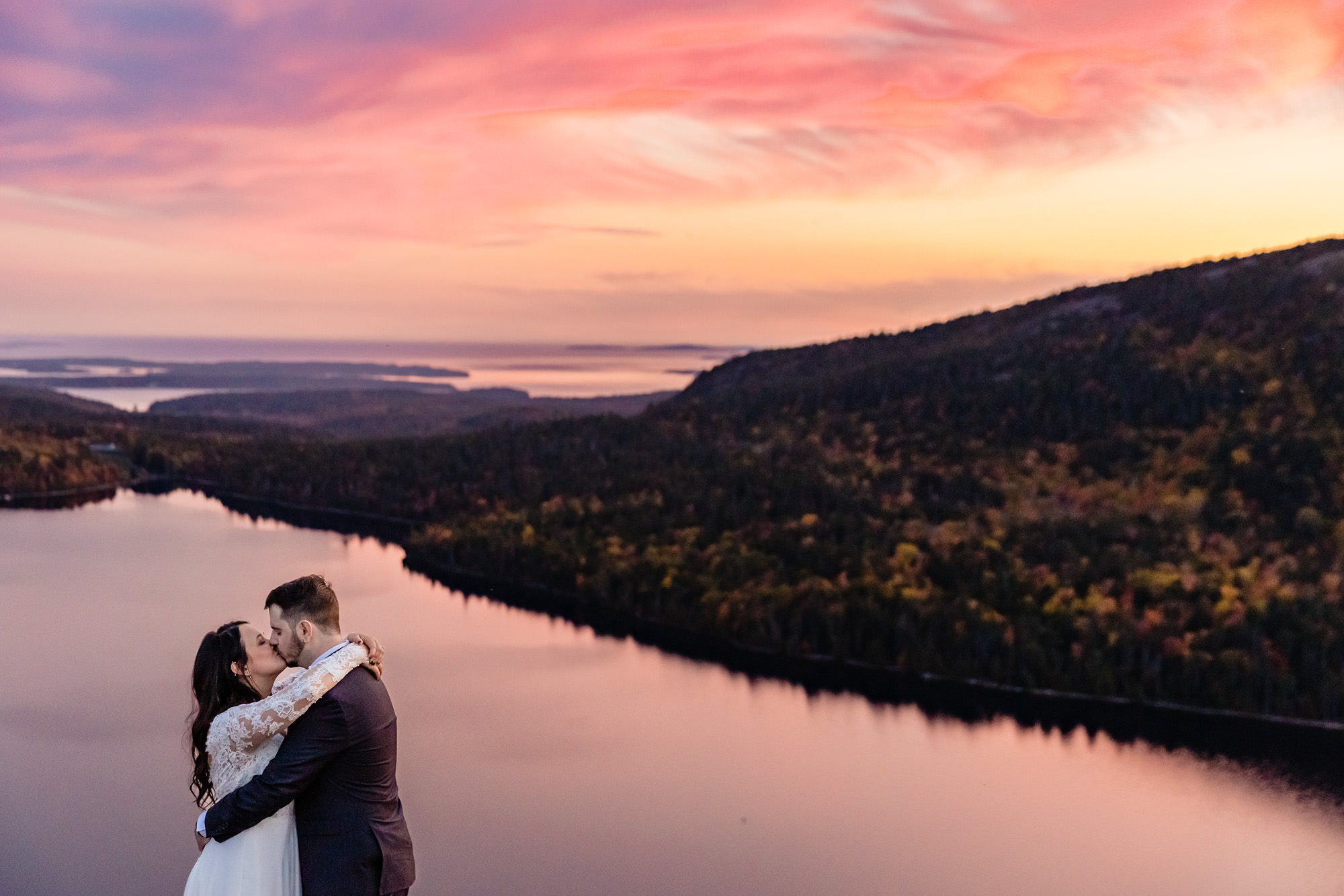 Mountaintop wedding portraits at sunset in Acadia National Park