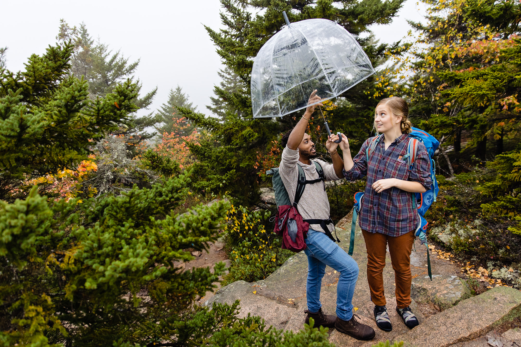 A wedding couple hike up a mountain in Acadia National Park on a rainy day for their wedding