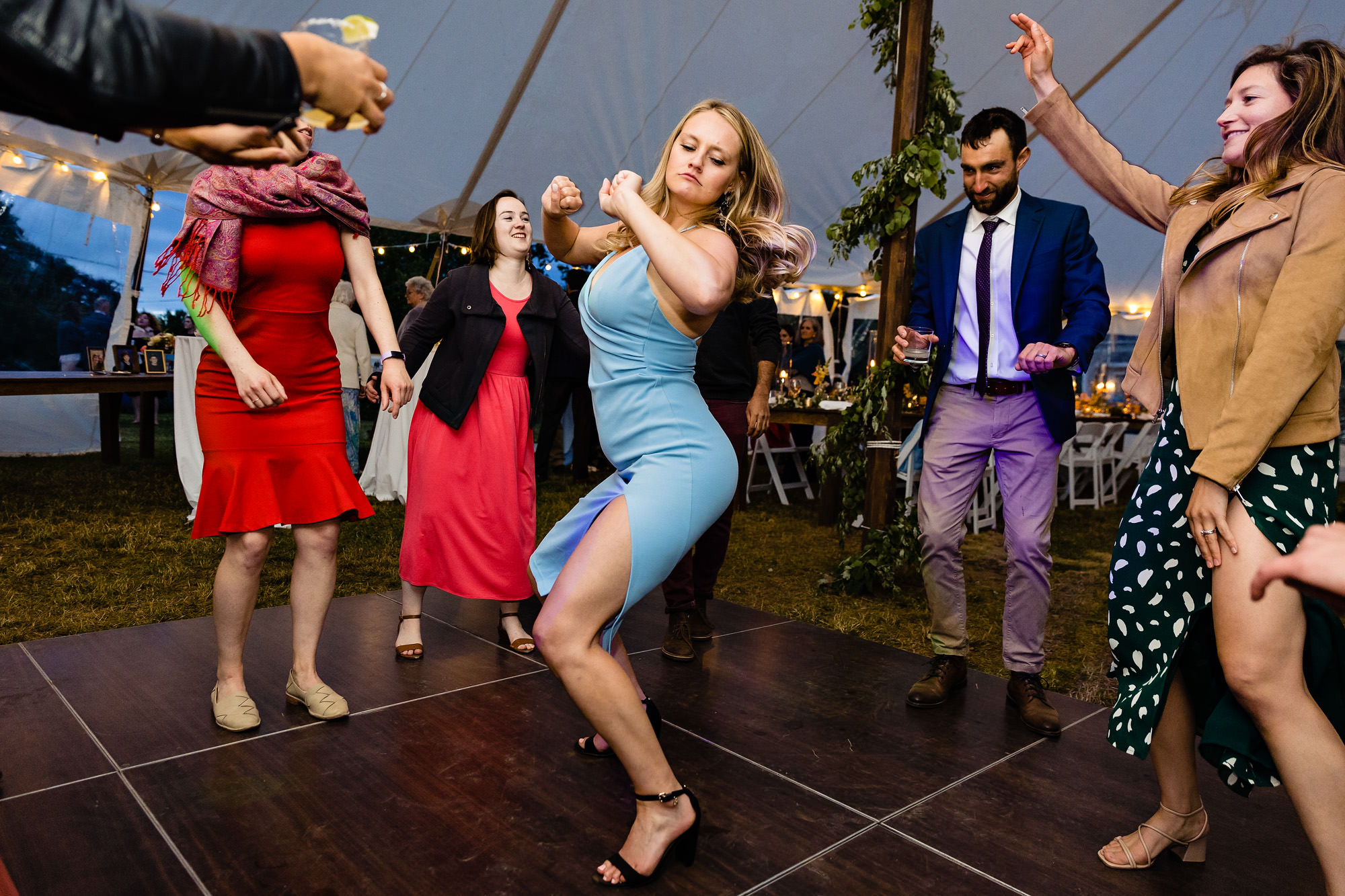 An energetic dance floor at a wedding on Chebeague Island, Maine