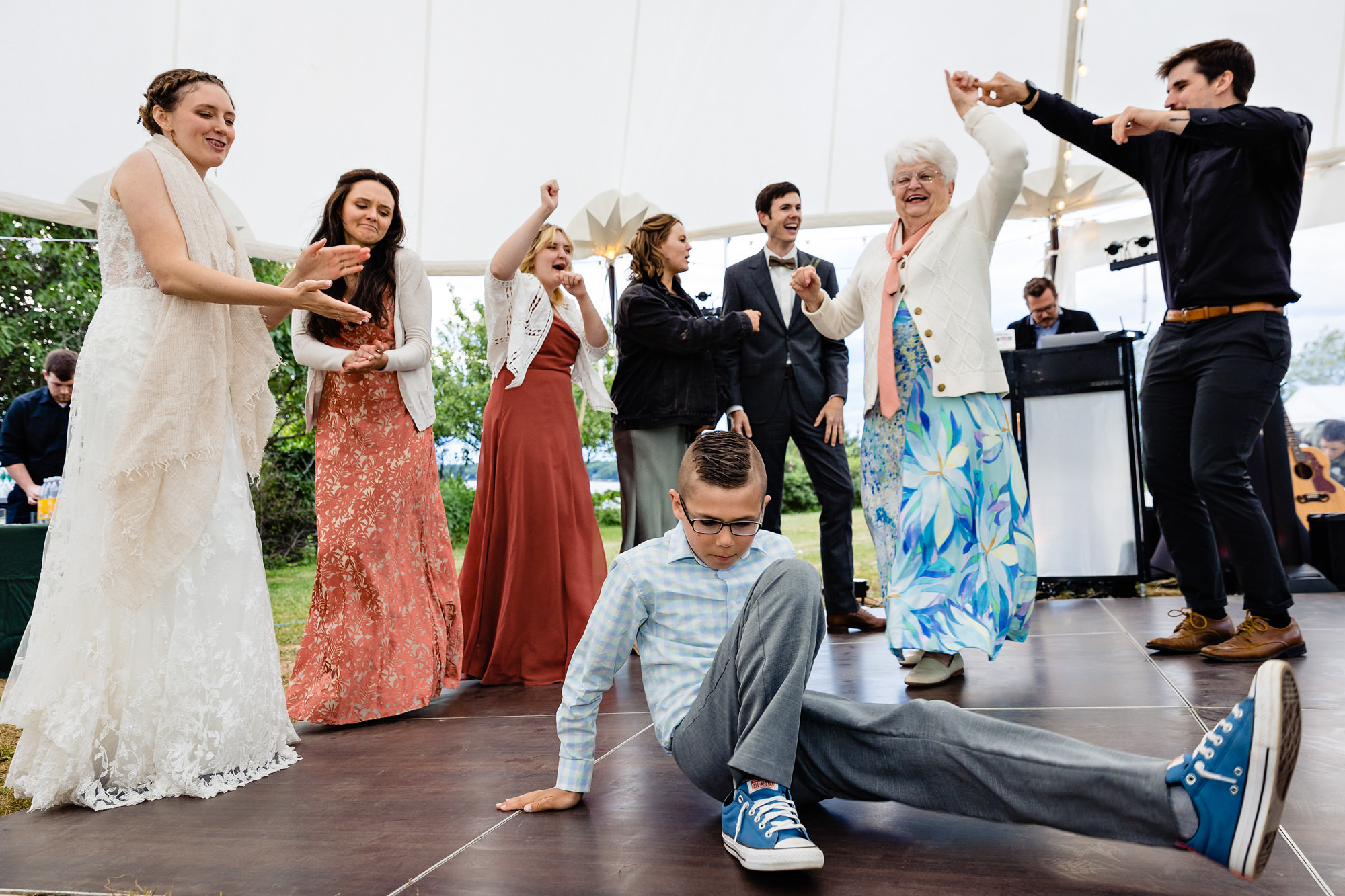 An energetic dance floor at a wedding on Chebeague Island, Maine
