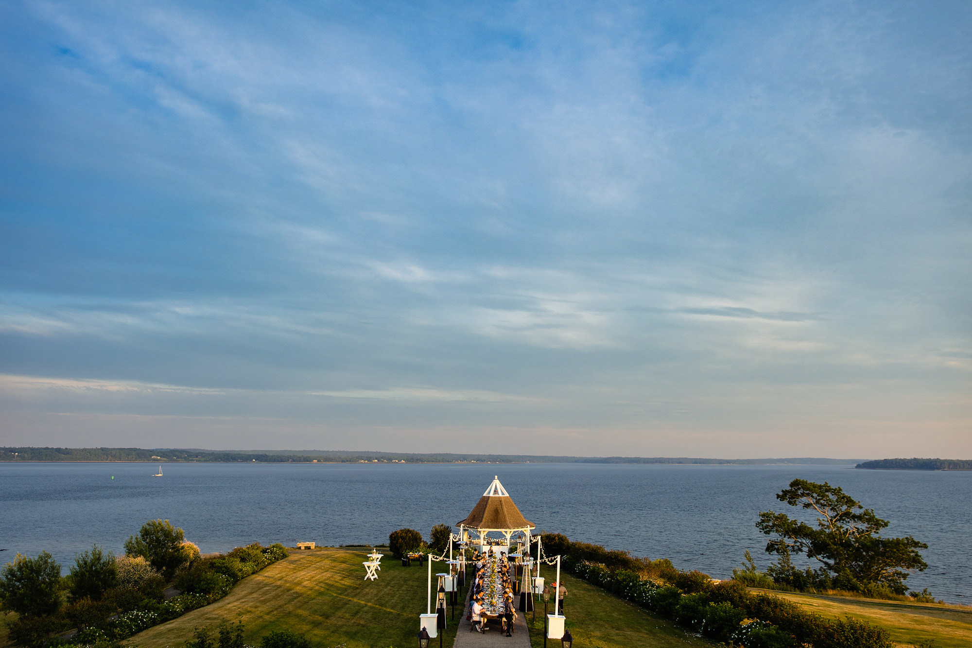 A wedding rehearsal at an estate in coastal Maine