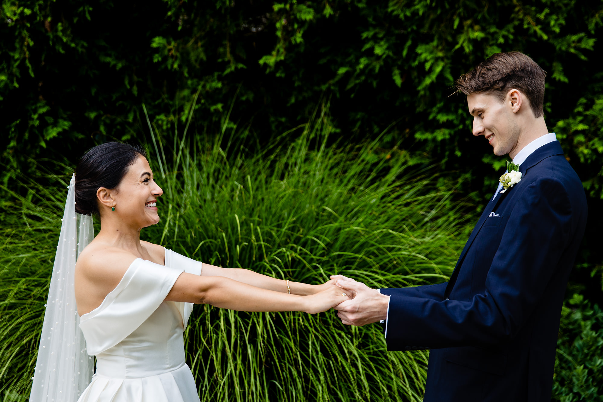 A wedding couple share a first look at Strawbery Banke Museum in Portsmouth, NH.