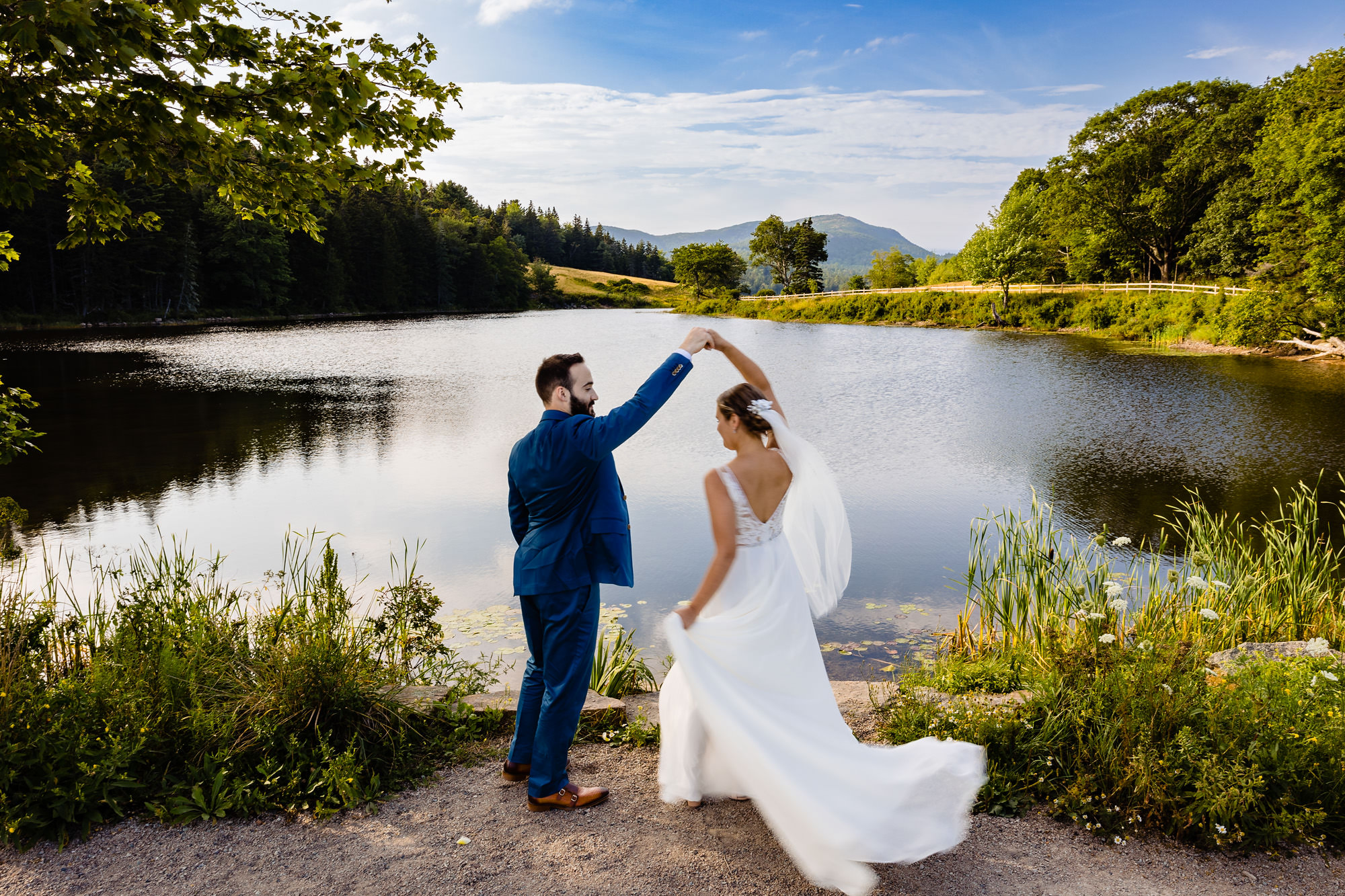 Stunning wedding portraits at a pond in Acadia National Park