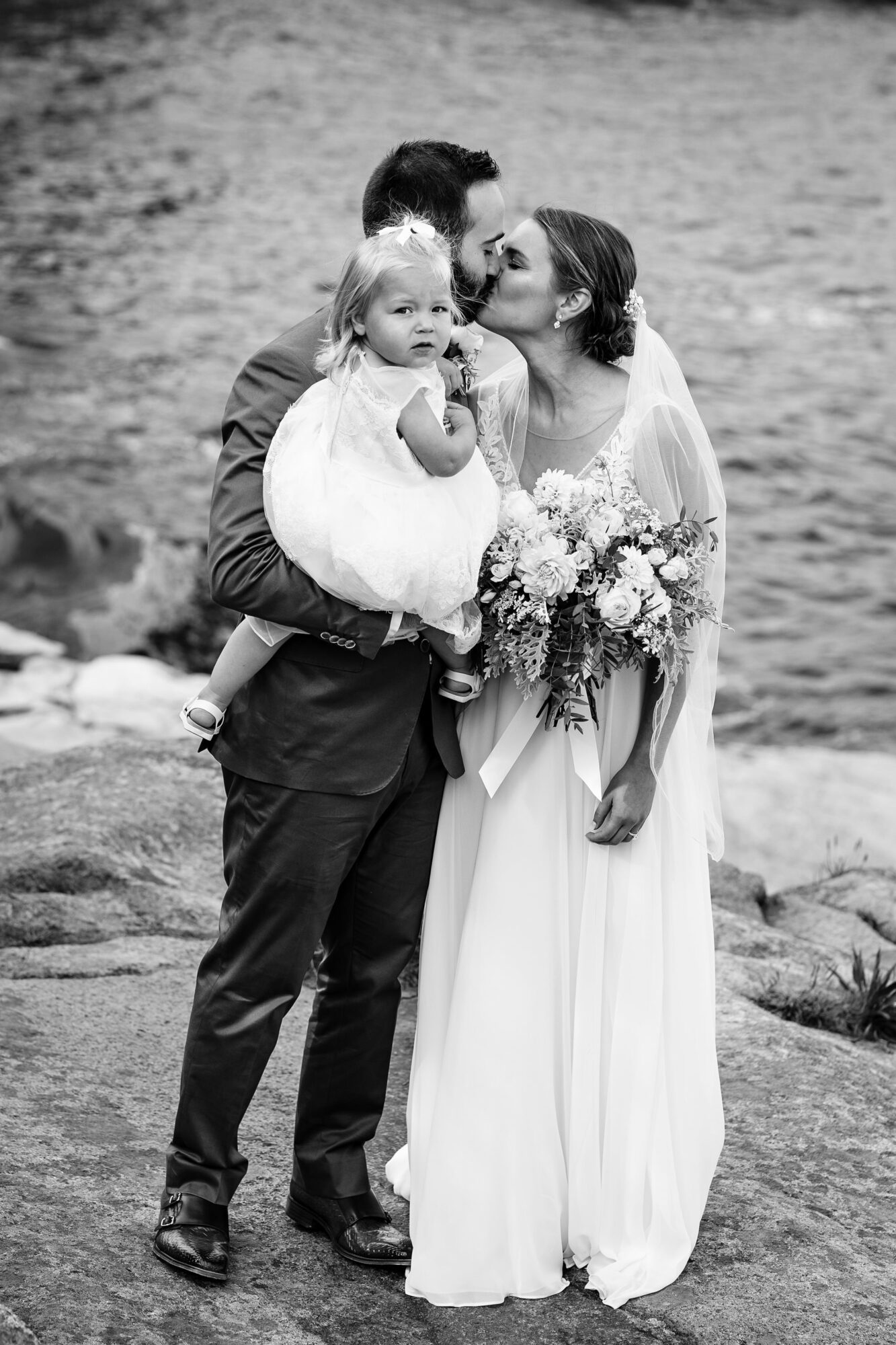 Wedding portraits on cliffs at an elopement in Acadia National Park