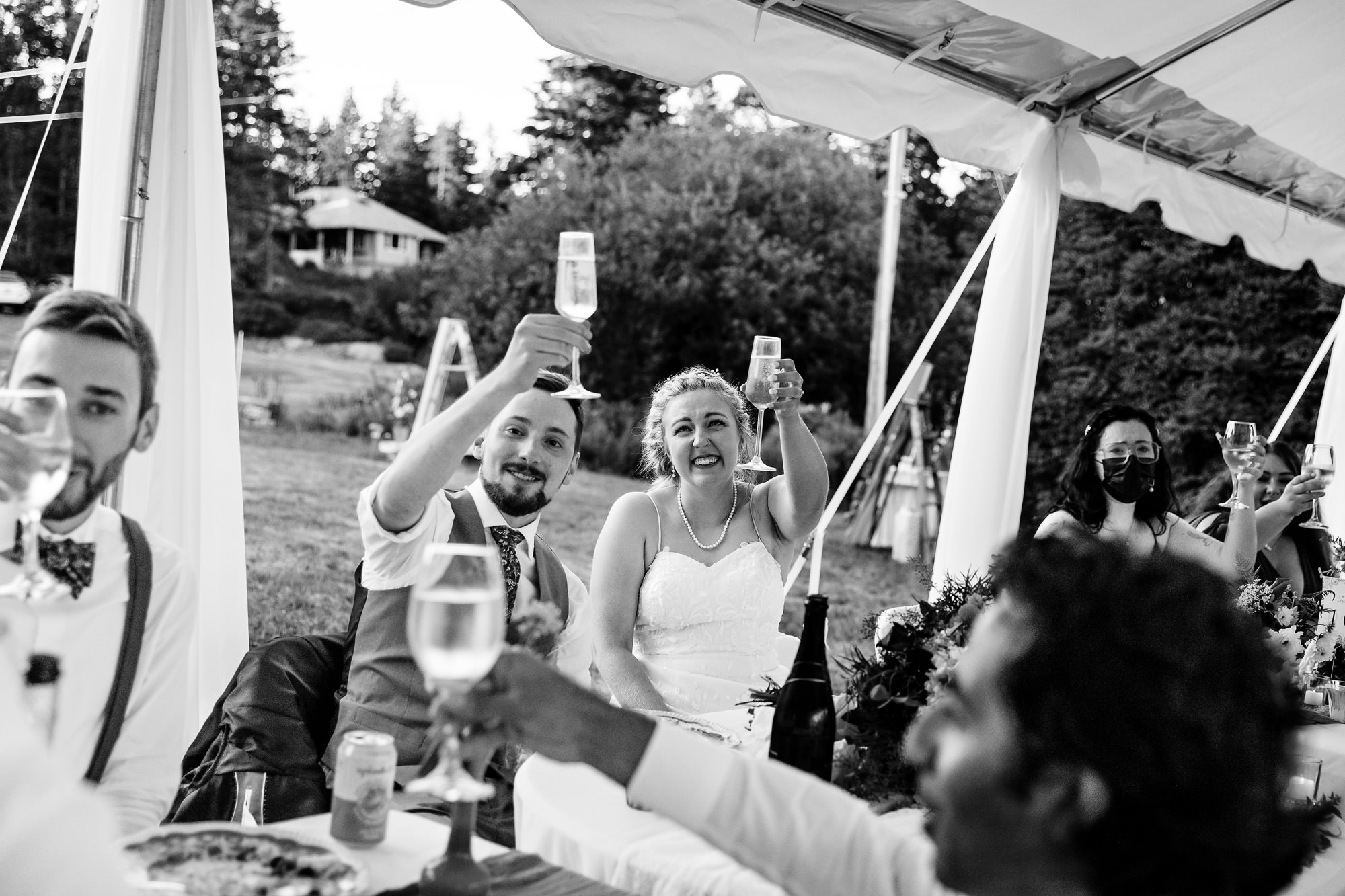 Emotional wedding toasts at a wedding on Swan's Island, Maine