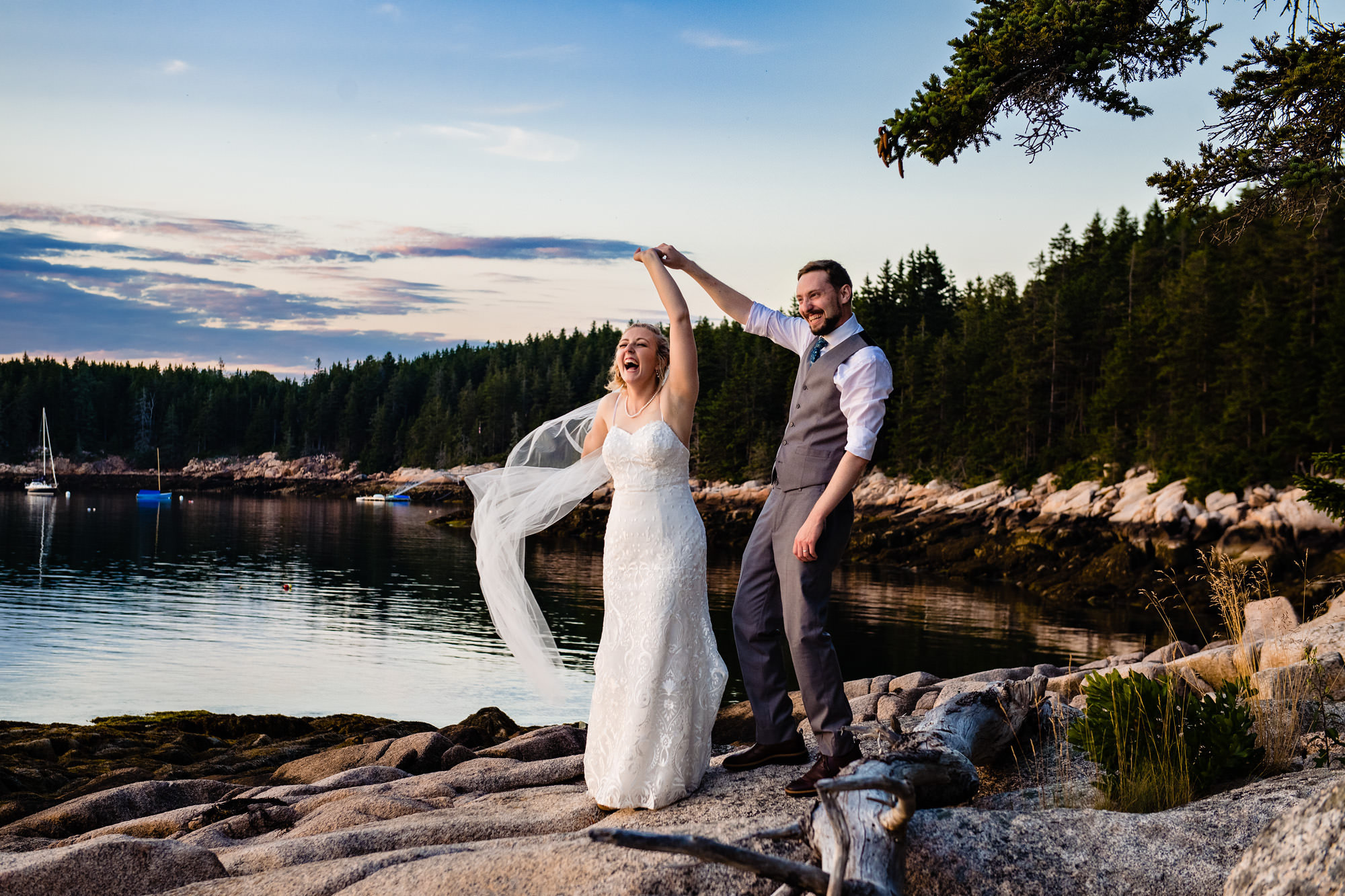 Sunset portraits at a wedding on Swan's Island, Maine