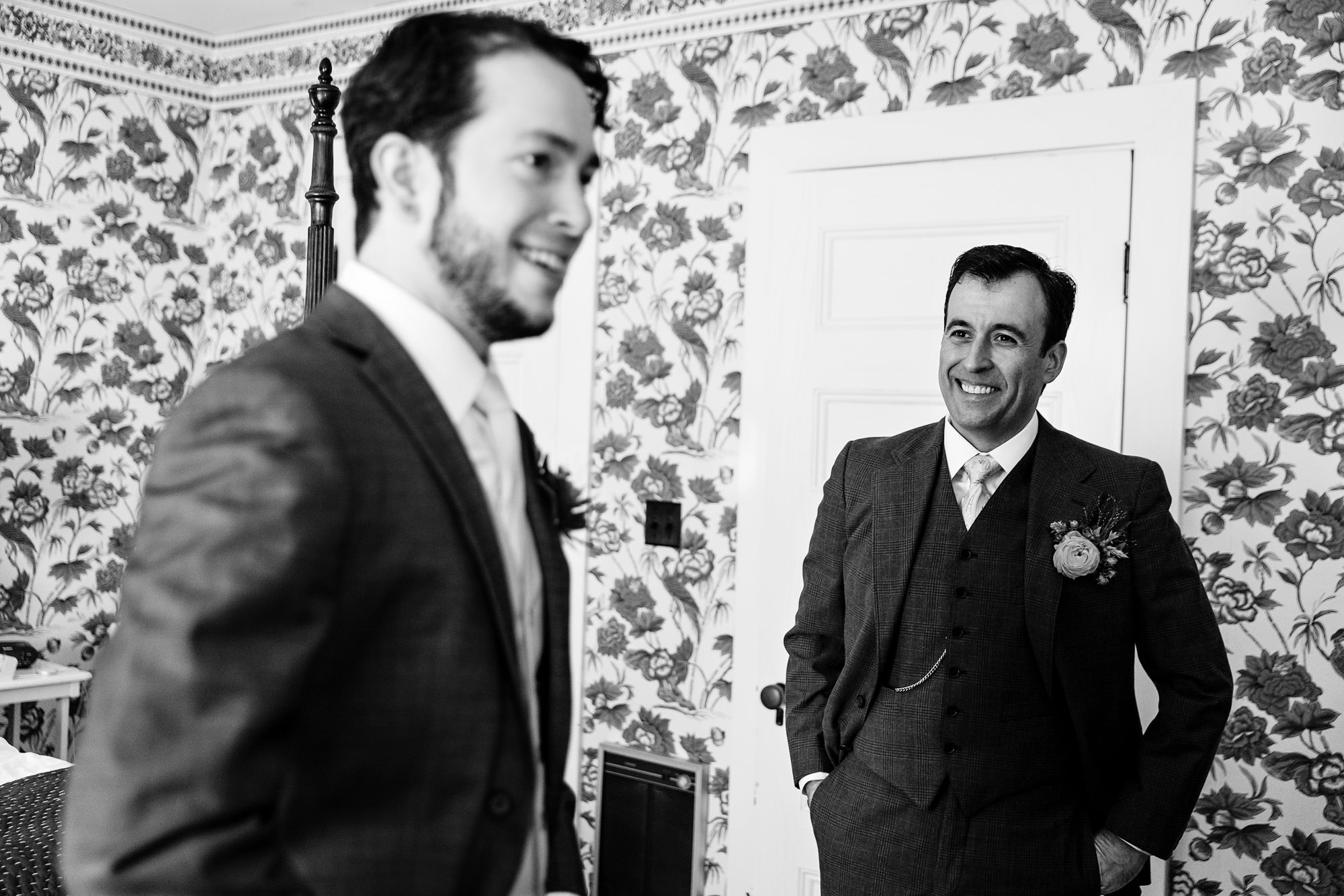 Two grooms get ready for their wedding at the Harbourside Inn in Northeast Harbor, Maine