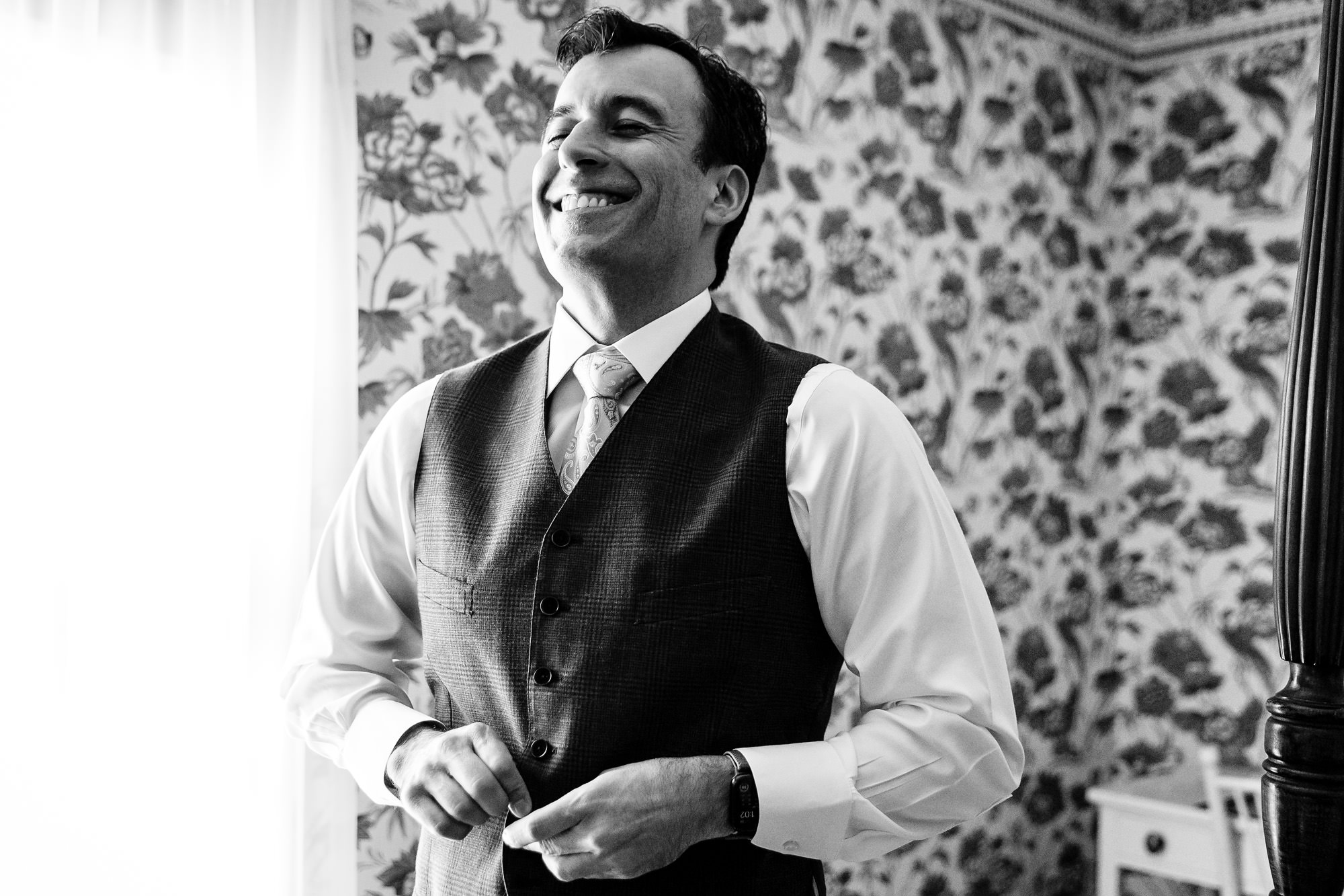 Two grooms get ready for their wedding at the Harbourside Inn in Northeast Harbor, Maine