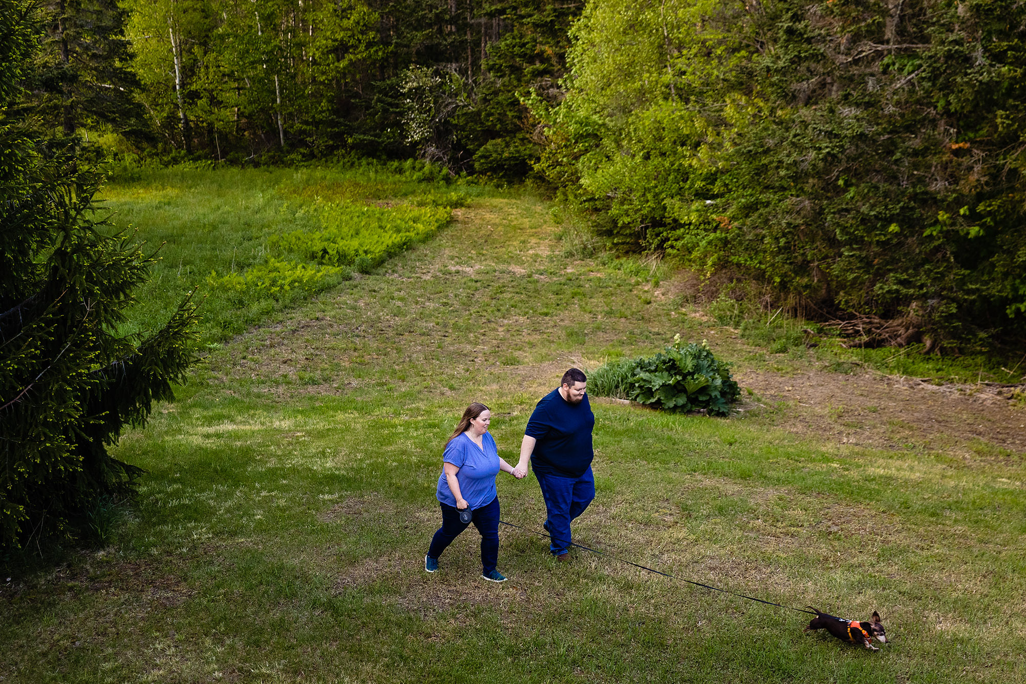 A couple walks their dog at their Winterport Maine engagement session