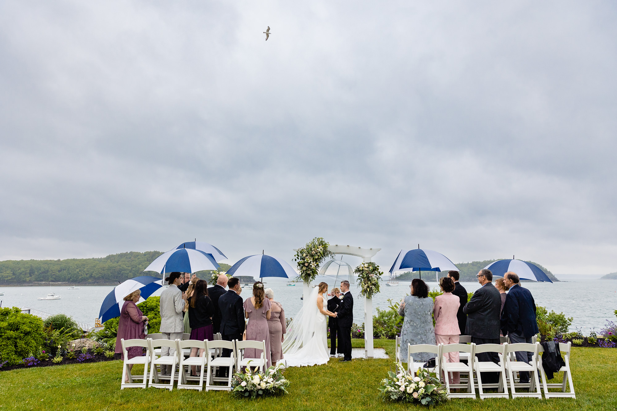 A rainy wedding ceremony at Bar Harbor Inn in Maine