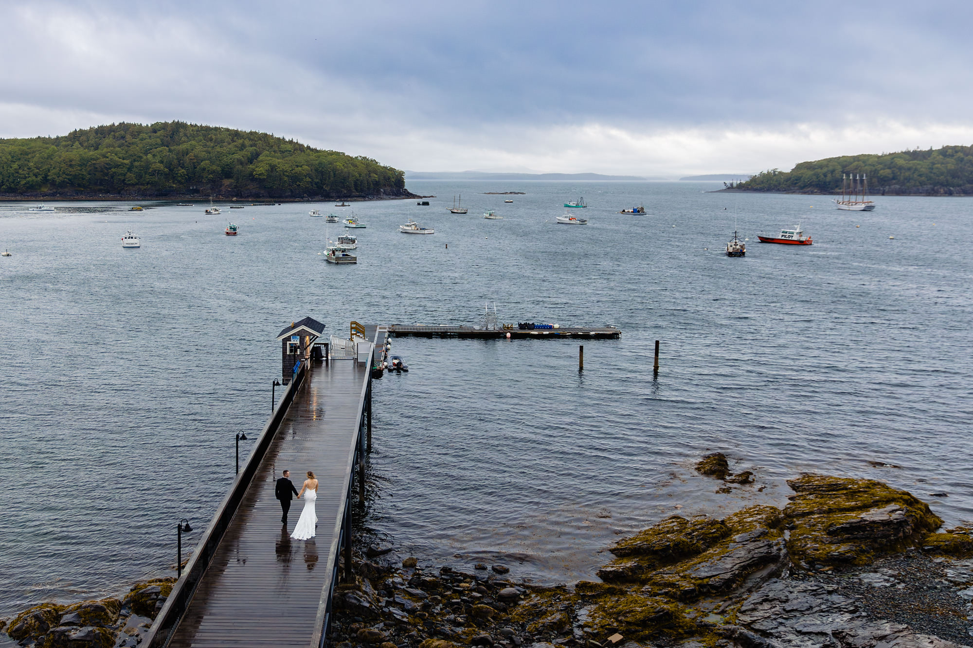 Wedding portraits on a rainy day at Bar Harbor Inn