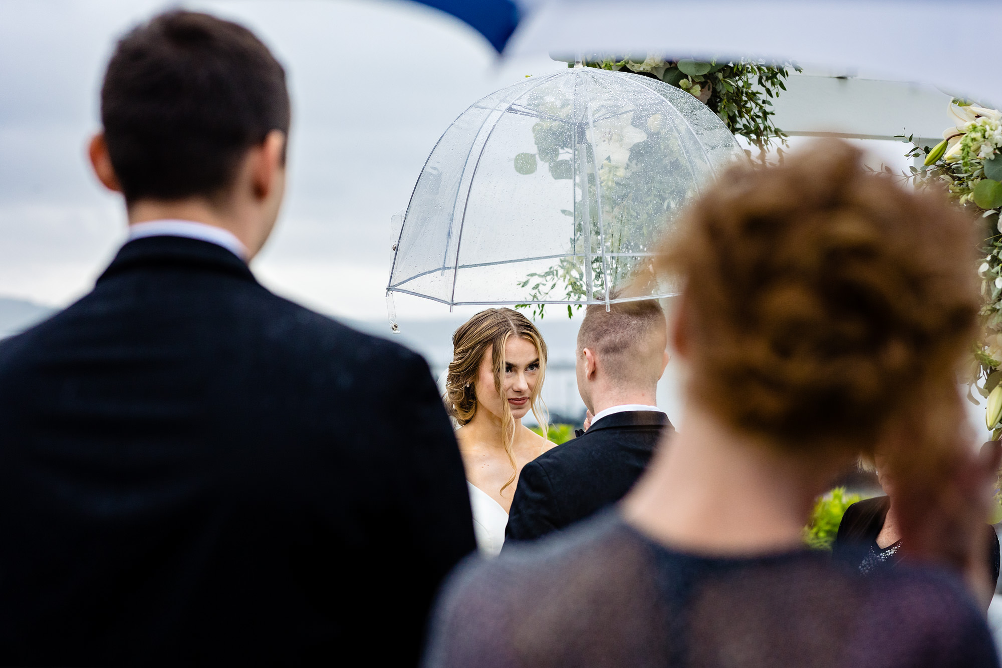 A rainy wedding ceremony at Bar Harbor Inn in Maine