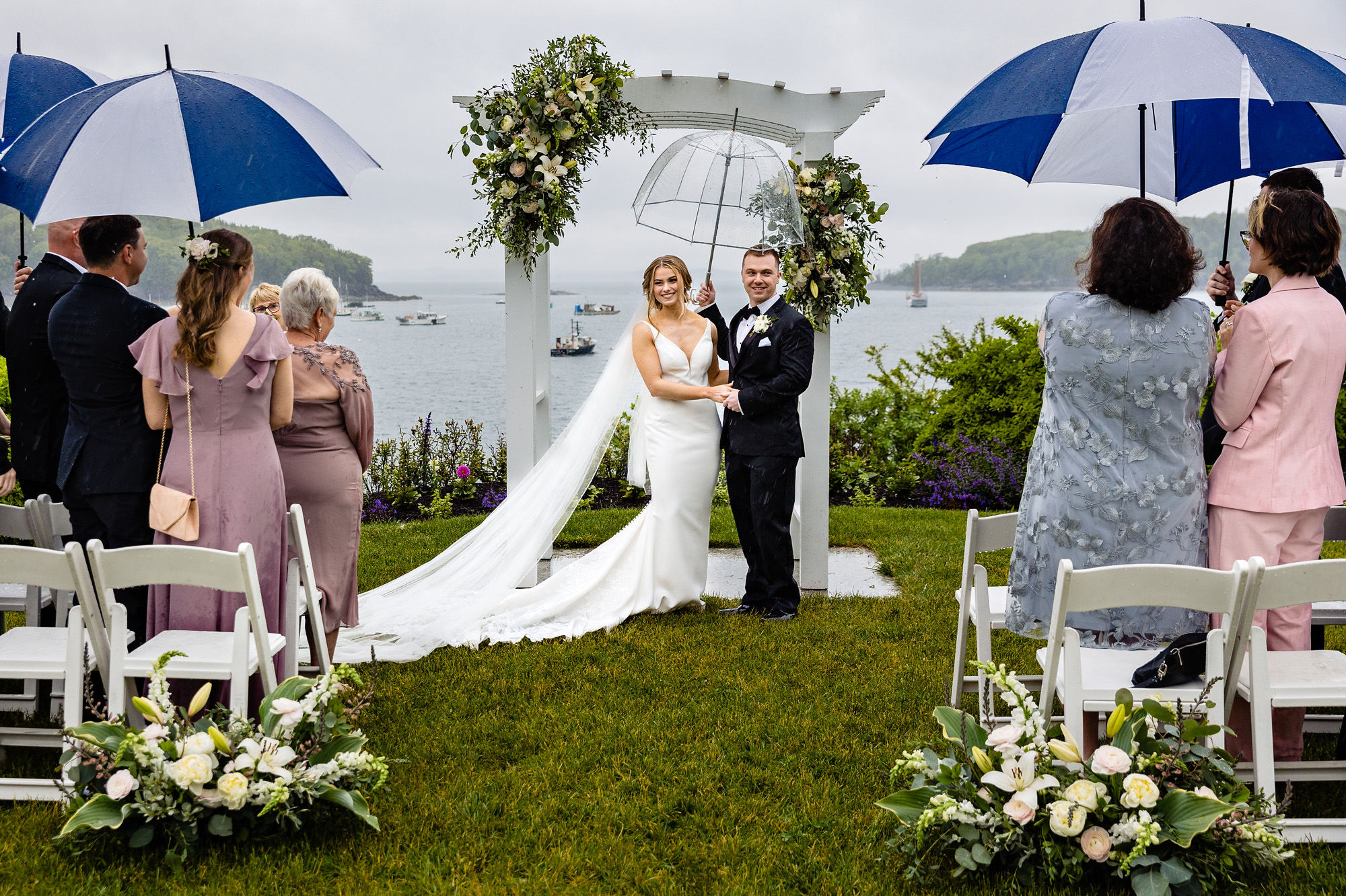 A rainy Bar Harbor Inn wedding ceremony in June.