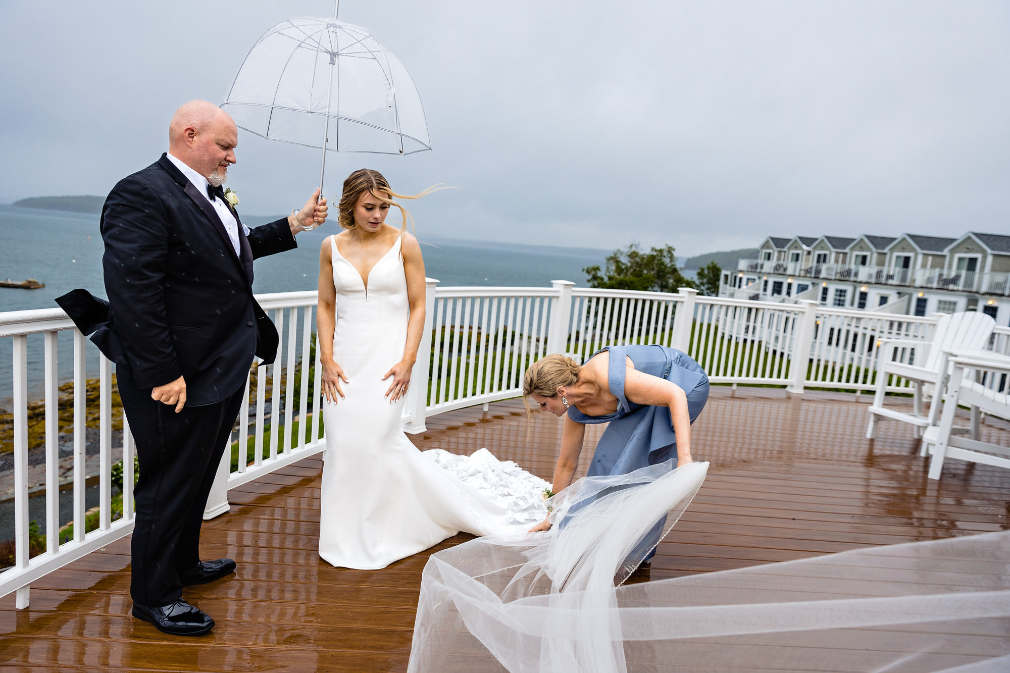 Wedding portraits on a rainy day at Bar Harbor Inn