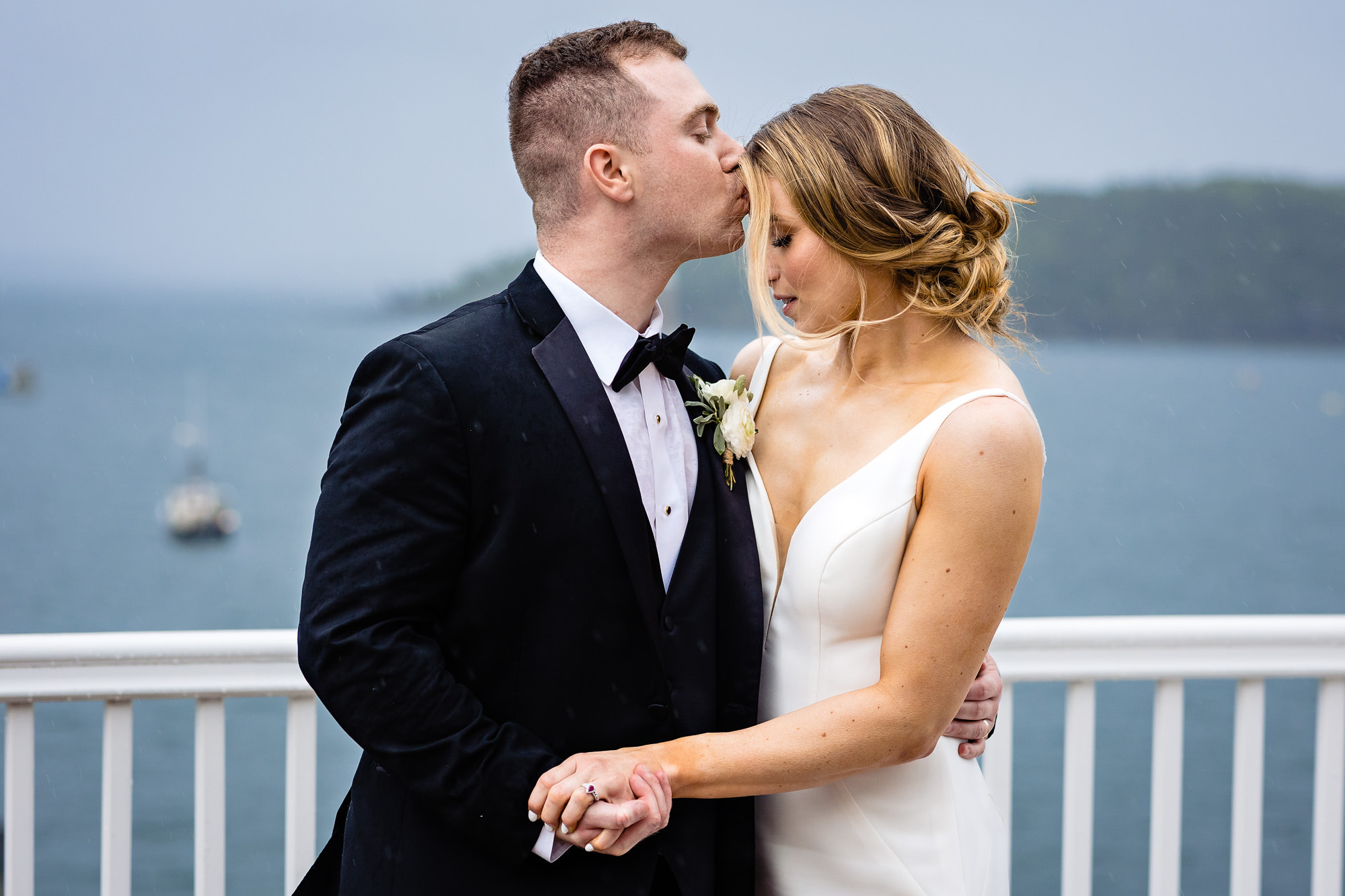 Wedding portraits on a rainy day at Bar Harbor Inn