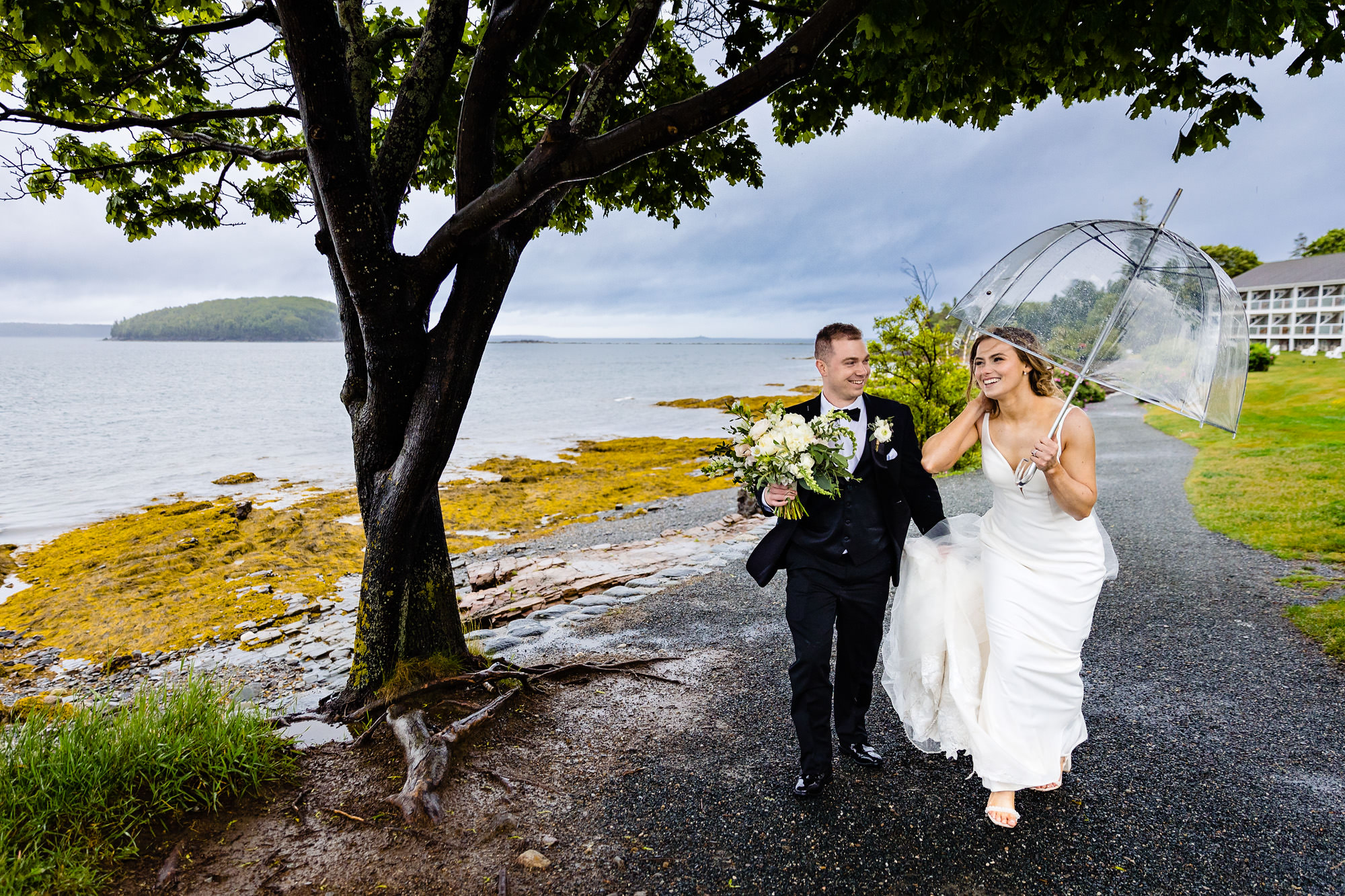 Wedding portraits on a rainy day at Bar Harbor Inn