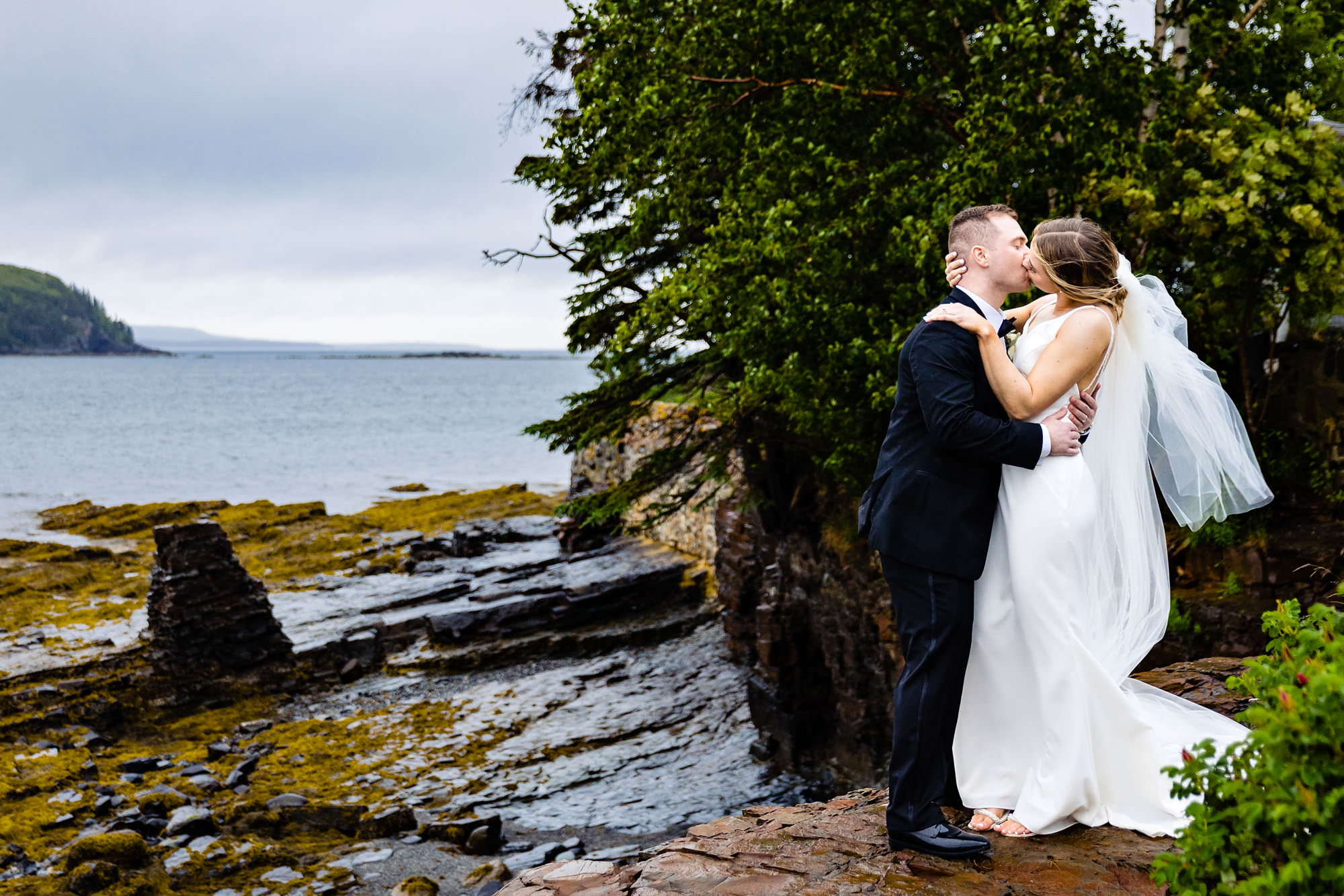 Wedding portraits on a rainy day at Bar Harbor Inn
