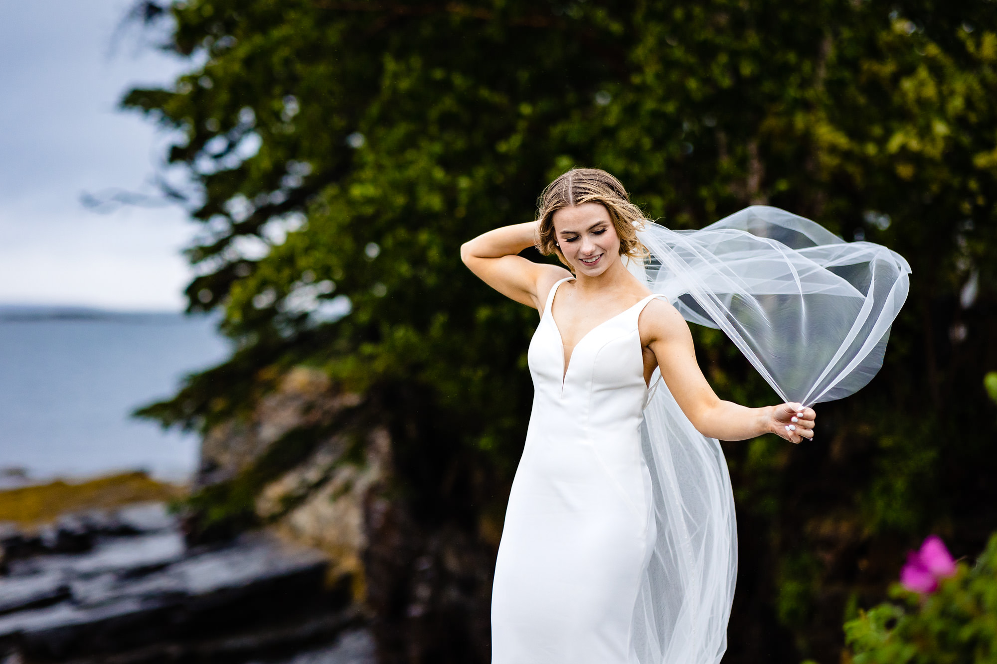 Wedding portraits on a rainy day at Bar Harbor Inn