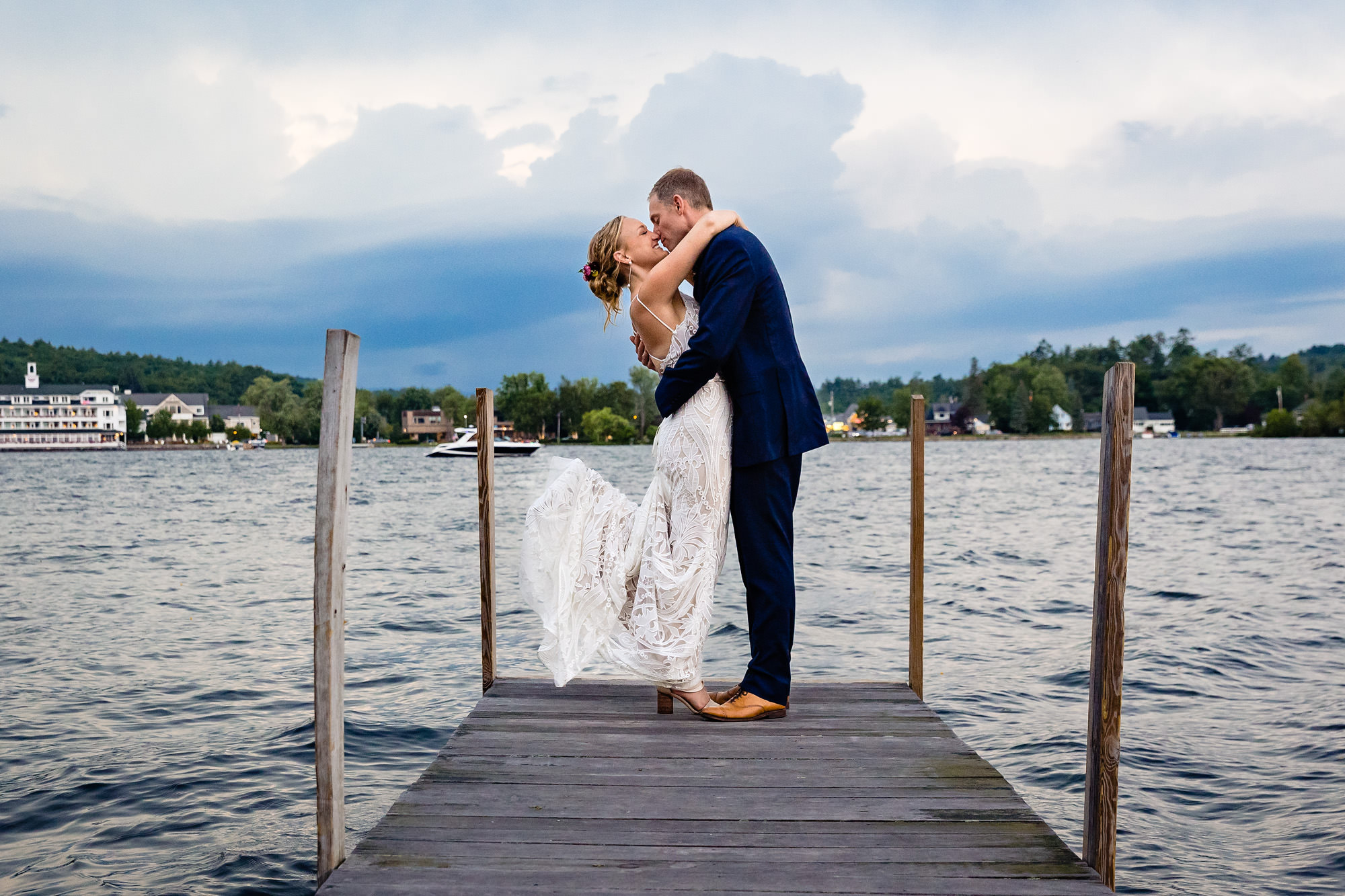 Sunset wedding portraits at Mill Falls at Church Landing