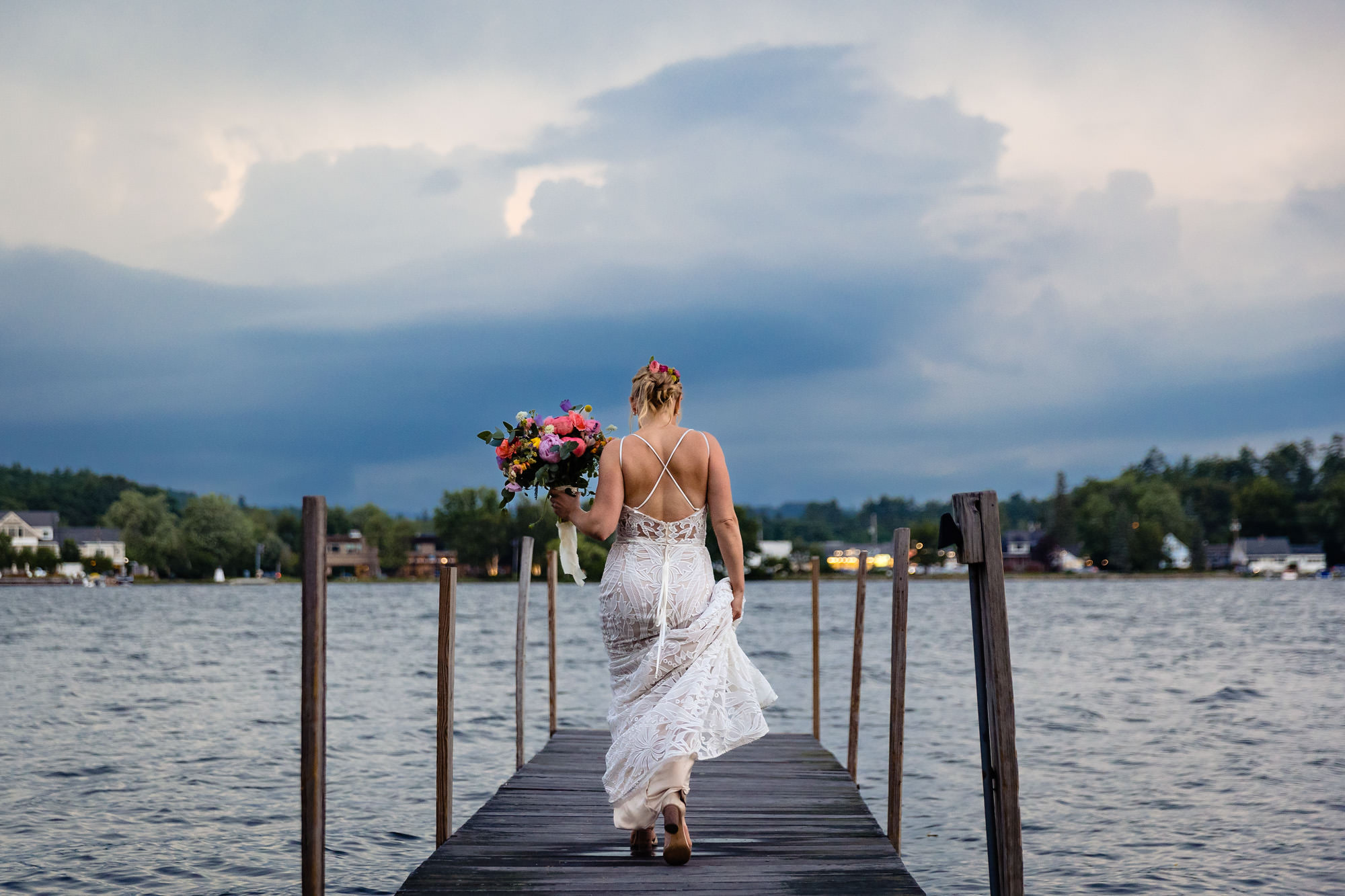 Sunset wedding portraits at Mill Falls at Church Landing
