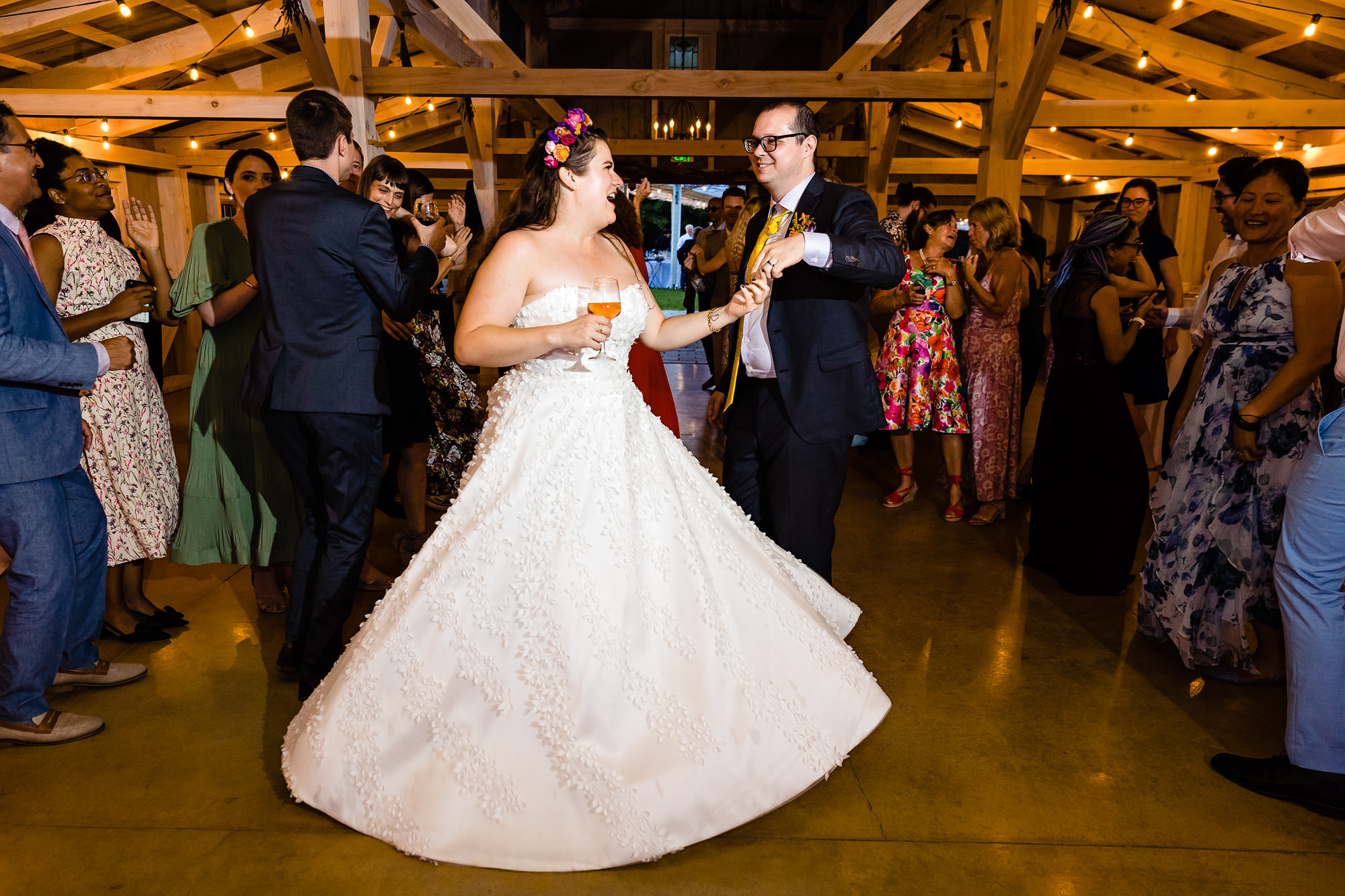 A wedding reception in the barn at Marianmade Farm in Wiscasset, Maine