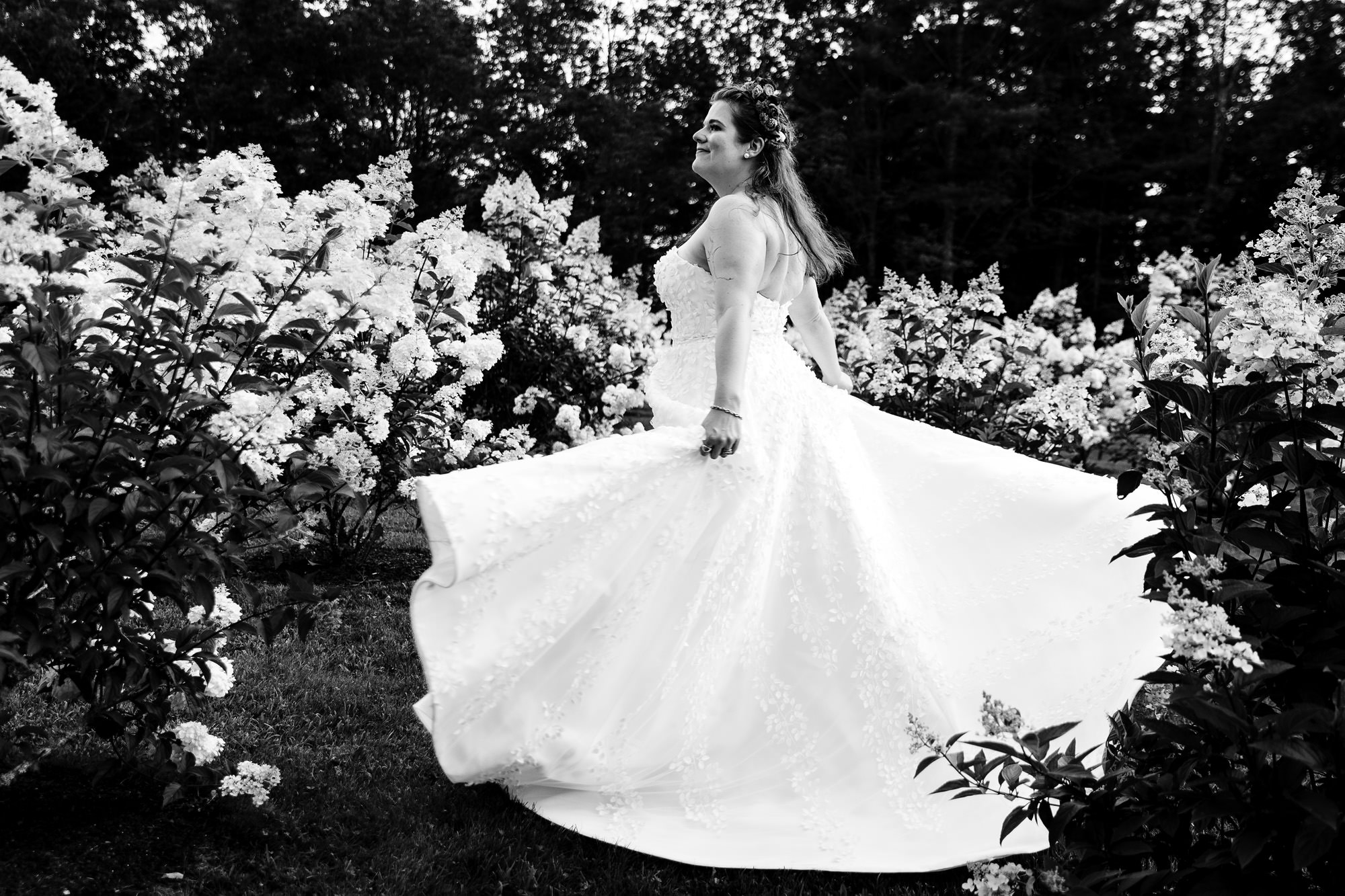 Wedding portraits in a garden at sunset in midcoast Maine