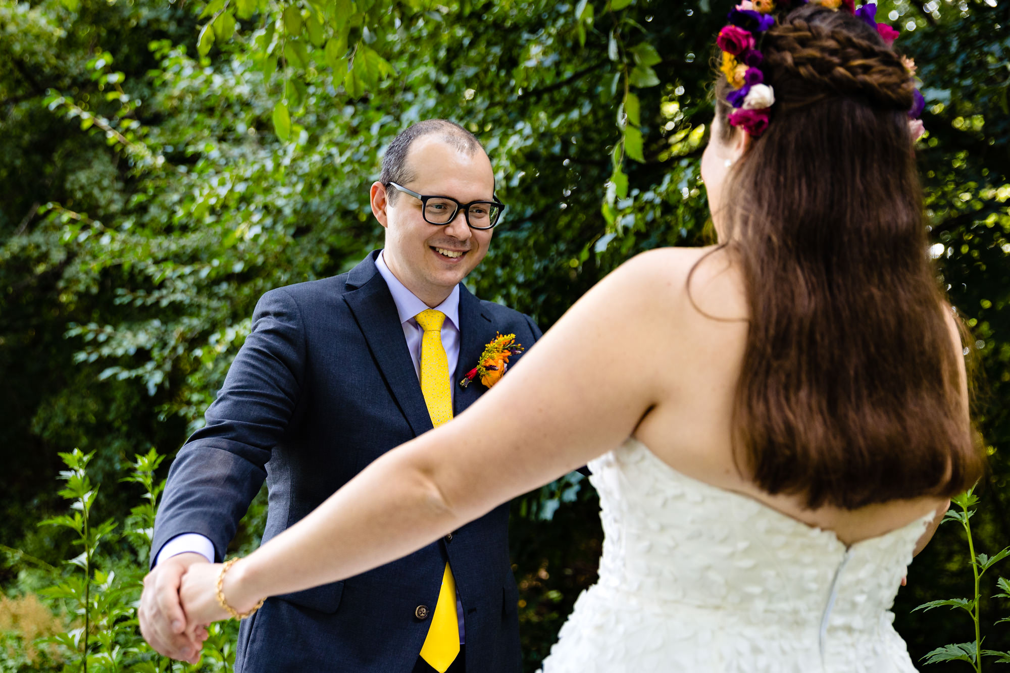 A bride and groom share a first look at Marianmade Farm in Wiscasset, Maine