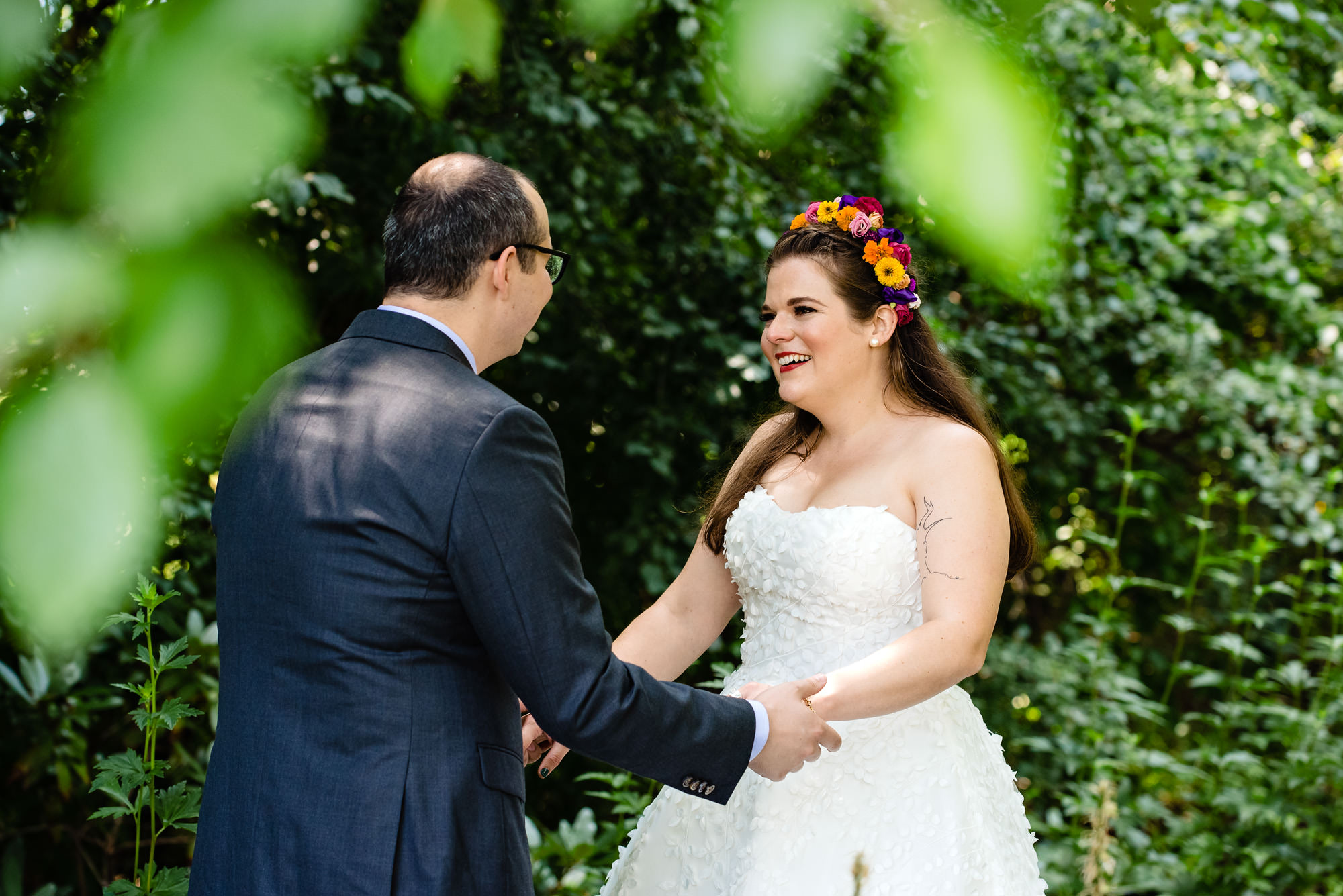 A bride and groom share a first look at Marianmade Farm in Wiscasset, Maine