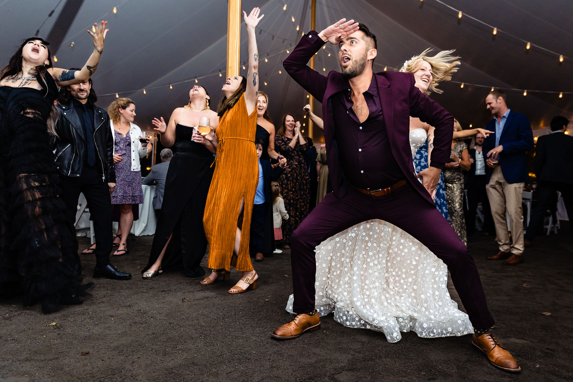 An energetic dance floor at a Cape Neddick Maine wedding.