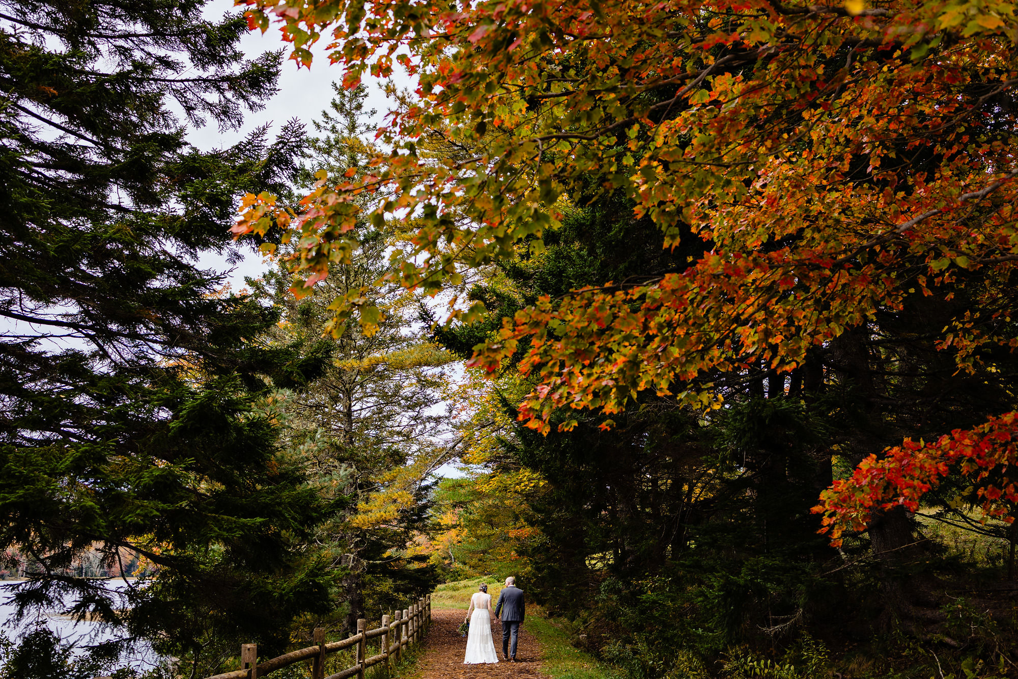 Jenna and Jordan walk around a pond in Acadia National Park during their elopement